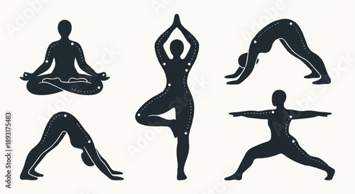 Five Yoga Silhouette Poses in Balanced Serenity - Horizontal Row Illustration Viewed from Front