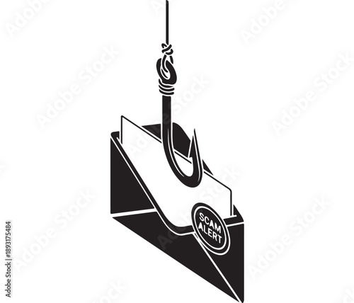 Phishing scam alert with a fishing hook pulling an email out of an envelope.