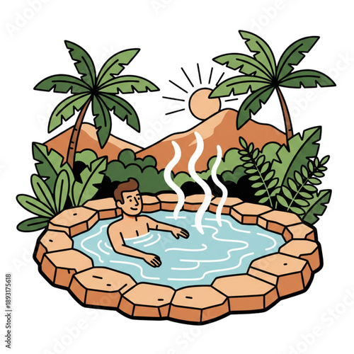 A man bathing in a natural hot spring pool, isolated on a white background.