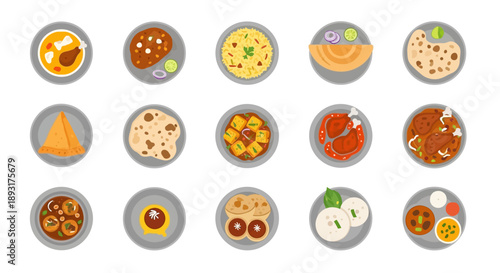 Indian Food Icons Set: Vector Illustration of Traditional Cuisine, Curry, Naan, Tandoori, and Street Food Snacks on Plates