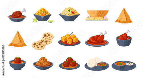 Indian Food Icons Set of Traditional Cuisine Dishes Flat Vector Illustration