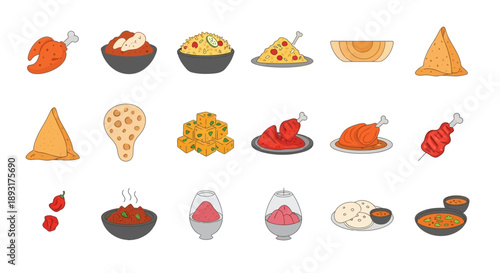 Indian Food and Cuisine Icons Set with Curry, Tandoori Chicken, Samosa, and Naan