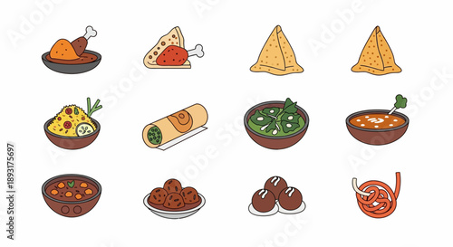 Indian Food Icon Set, Traditional Cuisine Vector Illustration, Diverse Menu of Curry, Snacks, and Desserts, Flat Line Art Style on White Background