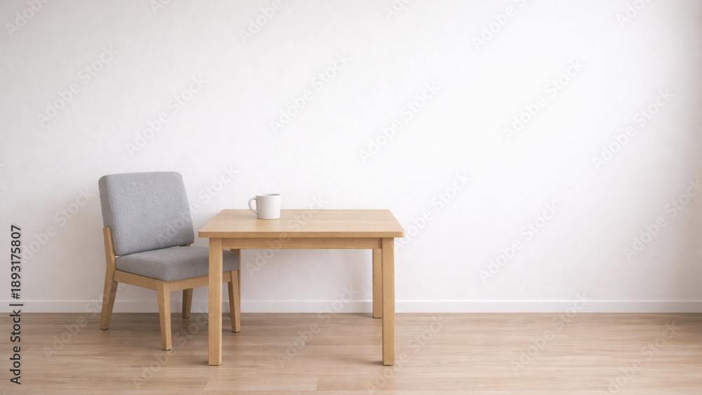 Fototapeta premium Minimal wooden table and gray chair with white mug in bright room