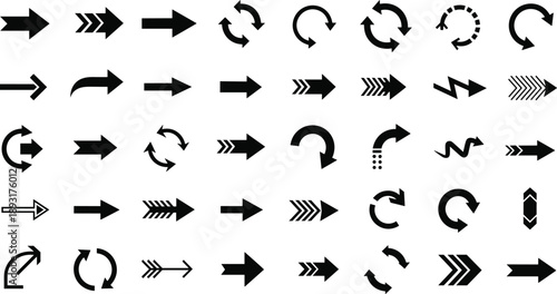 Black arrow icons collection isolated on white background, navigation direction symbols, refresh and loop arrows, minimal vector set for interface, web, and app design