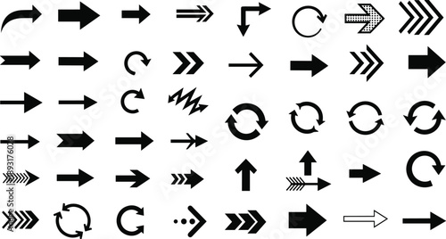 Black Vector Arrow Icon Set Collection Featuring Directional Pointers Navigation Symbols Refresh Signs Graphic Design Elements and Interface UI Web Assets for Commercial Projects