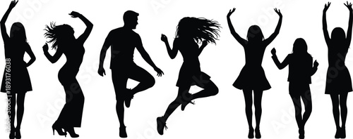 Group of dancing people silhouettes celebrating party night, energetic crowd jumping and moving on white background, modern lifestyle, music festival, nightlife, happiness concept