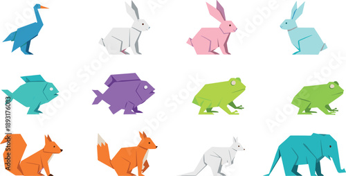 Set of colorful origami animal vector illustrations in geometric folded paper style for modern design and game assets
