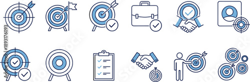 Business Target Icon Set Featuring Goal Achievement Bullseye Arrows Briefcase Handshake and Checklist Symbols in Blue Outline Style for Professional Success and Marketing Strategy