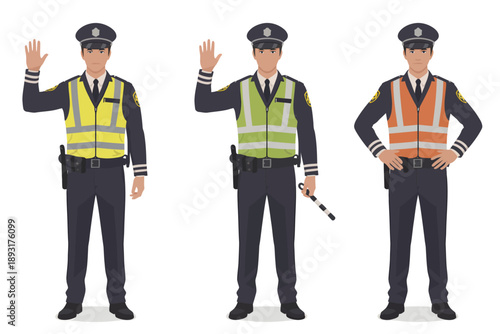 Police Officers in High-Visibility Vests with Professional Flat Illustration and Bright Lighting for Traffic Control and Public Safety.