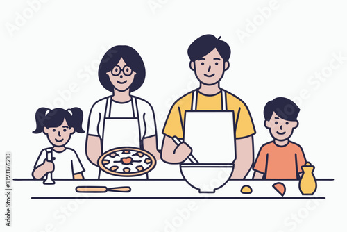 Happy family cooking together in the kitchen - mother, father, daughter, and son preparing pizza and ingredients, cheerful vector illustration