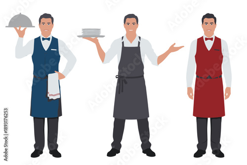 Three Professional Waiters in Various Uniforms with Bright Flat Illustration Style for Hospitality Staff Representation.