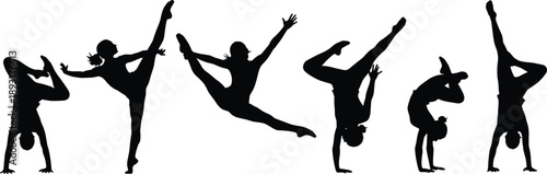 Gymnastics and dance silhouettes showing flexible female athletes performing jumps, kicks, handstands, acrobatic balance poses isolated on white background vector illustration set