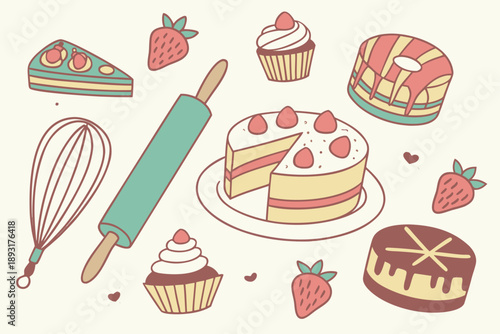 Hand-drawn vector illustration of delicious desserts and baking tools, perfect for food blogs and culinary designs