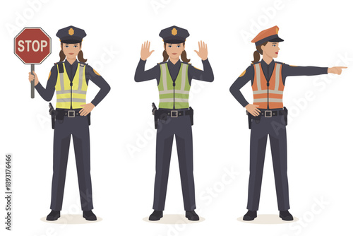 Female police officers in professional authoritative diverse poses with bright clean white background vector illustration for safety and public service representation.