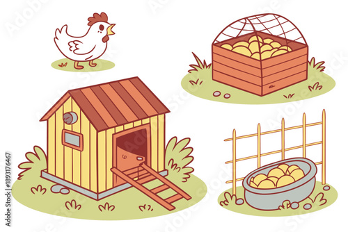 Cute cartoon illustration of a farm scene with a chicken, hen house, basket of eggs, and a rustic fence with a wash basin filled with eggs, ideal for children's books and farm-themed designs.