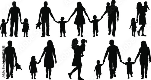 Happy family silhouettes set showing parents and children holding hands, walking together, childcare and parenting moments, love and togetherness concept isolated on white background