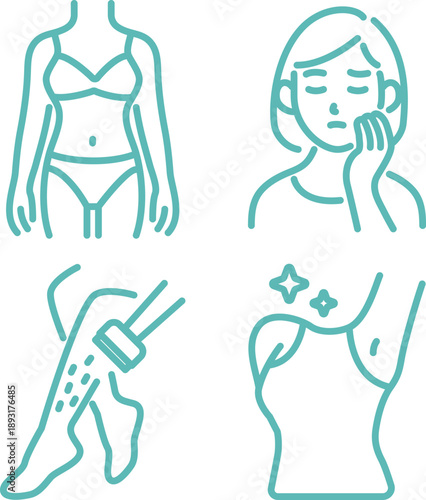 Beauty and Hair Removal Icon Set. Vector Icons for Skin Care Troubles and Smooth Skin
