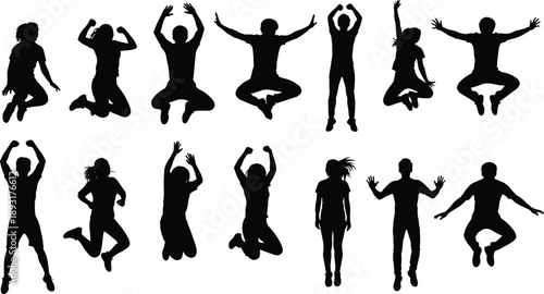 Jumping people silhouettes collection showing men and women expressing joy, freedom, success, celebration poses isolated on white background vector illustration set