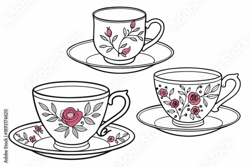 Vintage teacup and saucer vector illustration with rose floral pattern, elegant victorian style drinkware set for cafes and tea parties, clean line art design