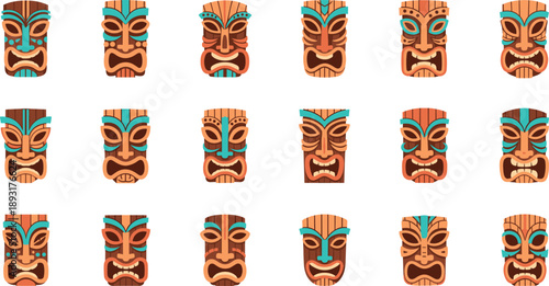 Set of colorful tiki tribal mask faces, carved wooden totems, Polynesian cultural icons, flat vector illustration collection