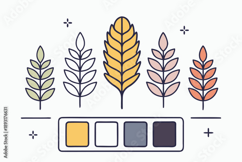 Flat design wheat grain stalk vector set with color palette. minimalist agriculture and harvest illustration icons for food, nature, or farming themes.
