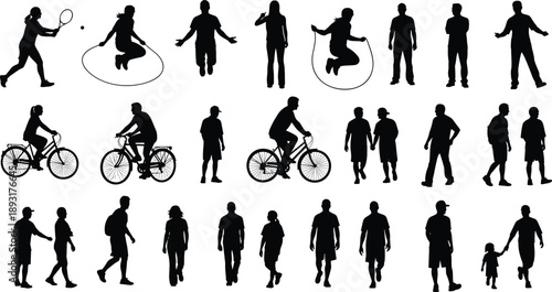 Large Collection of Active People Silhouettes Showing Sports, Fitness, Cycling, Walking, Jump Rope, and Daily Lifestyle Activities, Healthy Living and Recreation Concept, Isolated on White Background