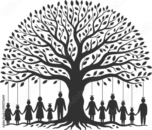 Stylized family tree silhouette with people hanging from branches as ornaments symbolizing interconnectedness and lineage