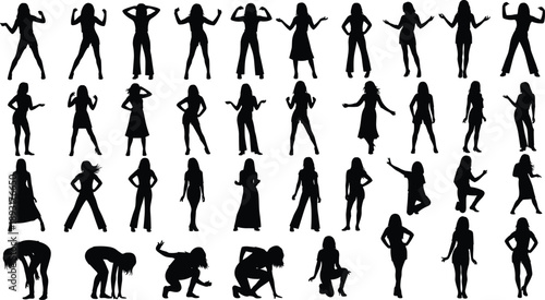 Large Collection of Black Female Silhouettes in Different Standing, Dancing, and Expressive Poses, Representing Confidence, Fashion, Attitude, Body Language, Lifestyle, and Creative Movement Concept