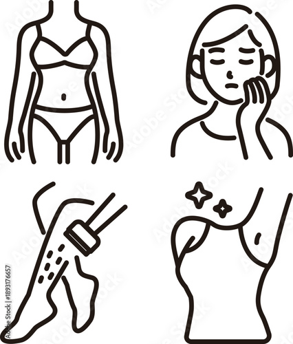 Beauty and Hair Removal Icon Set. Vector Icons for Skin Care Troubles and Smooth Skin