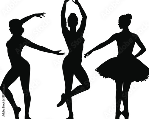 Three ballerina silhouettes in graceful poses showcasing classical dance and artistic performance