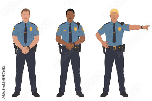 Diverse Male Police Officers in Professional Flat Illustration with Bright Lighting and Clean Lines for Law Enforcement Representation.