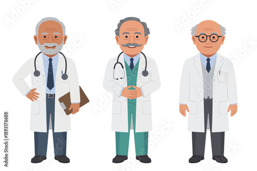 Three Senior Male Doctors in Friendly Cartoon Illustration Style with Bright White Background for Healthcare Services.