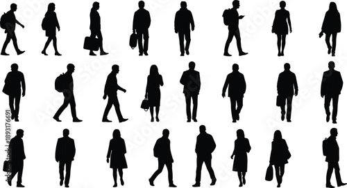 Large Collection of Black Silhouettes of Business Men and Women Walking with Bags and Backpacks, Representing Office Commute, Professional Life, Urban Work, and Corporate Lifestyle Concept
