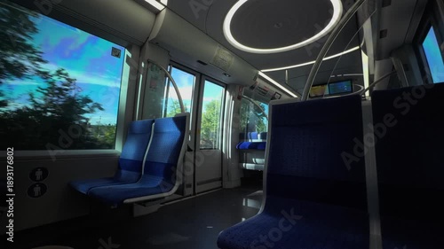 Interior of modern Munich U-Bahn, Subway carriage with distinctive blue seating and bright circular lighting. The wide window shows the train traveling above ground through the sunny urban landscape