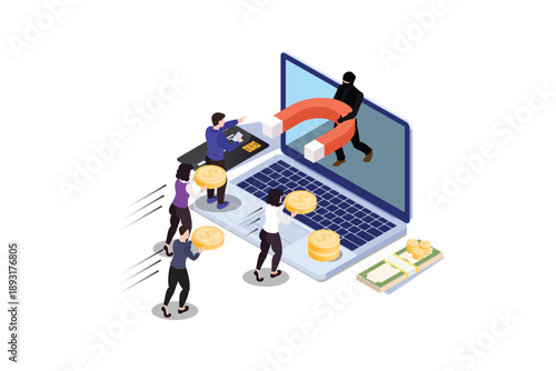 Isometric People giving money to thief, cyber criminal from Laptop attracting cash with magnet,Credit card fraud, cyber crime, financial fraud.