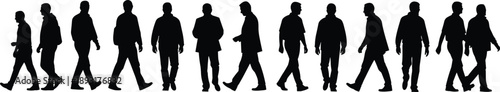 Long Row of Black Male Silhouettes Walking in Different Casual and Business Poses, Representing Urban Life, Daily Routine, Crowd Movement, Commuting, and Modern Lifestyle Concept