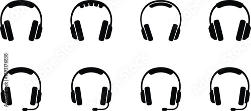 Headphones and headset icons set with microphone variations for audio music gaming support and communication design