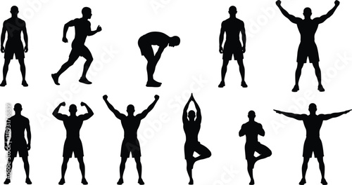 Male fitness silhouettes collection showing athlete standing, running, stretching, celebrating victory, yoga balance and strength poses isolated on white background vector illustration set