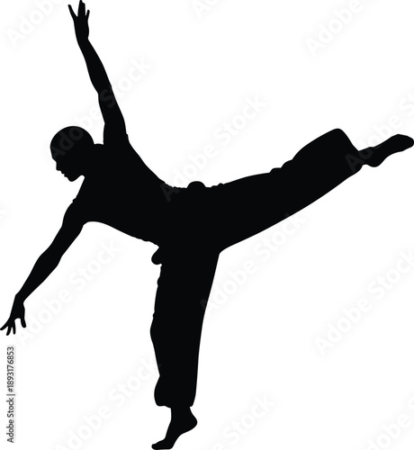Male dancer or gymnast silhouette performing balance and flexibility pose with raised leg isolated on white background, symbolizing strength, control, fitness, and artistic movement