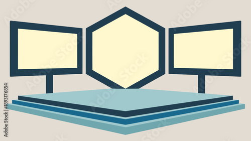 Modern minimalist presentation stage with multiple screens, bright blue and yellow flat vector illustration, abstract geometric design for virtual events and online conferences.