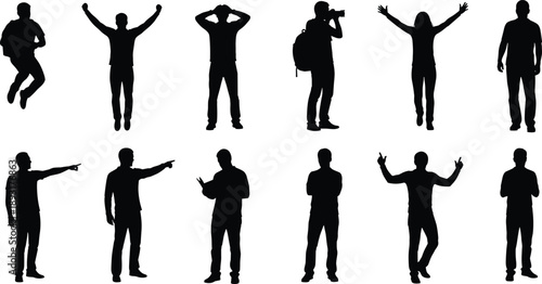 Male people silhouette collection showing jumping, standing, pointing, photography, victory and casual hand gestures isolated on white background black human figures set