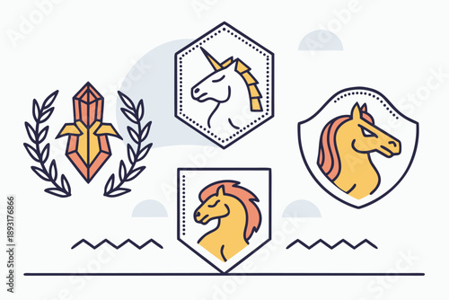 Fantasy and medieval heraldry vector icons set with unicorn and horse head emblems and crystal gem crest