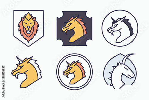 Vector emblems set: stylized mythical creatures and lion head icons for heraldry, crests, and fantasy logos