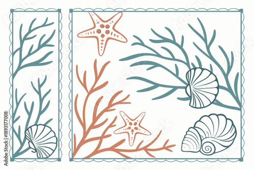 Nautical vector design: starfish, shells, and coral branches, coastal marine life illustration, seamless pattern elements for beach decor and ocean themes