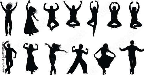 People silhouette collection showing dance, yoga and expressive movement poses isolated on white background for wellness, freedom, balance, creativity and lifestyle concepts