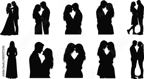 Romantic couple silhouettes collection showing man and woman embracing, kissing, loving poses expressing intimacy, passion, relationship moments isolated on white background vector illustration set
