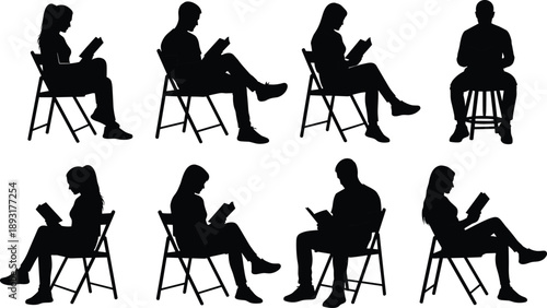 People silhouette collection showing men and women sitting on chairs reading books isolated on white background for education, learning, study and quiet lifestyle concepts