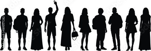 Row of Black Silhouettes of Men and Women Standing in Casual and Stylish Outfits, Representing Diversity, Community, Identity, Fashion, Lifestyle, and Modern Urban Society Concept