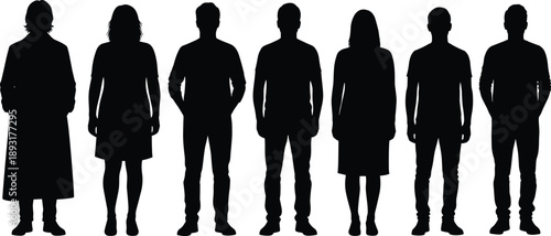 Row of Black Silhouettes of Men and Women Standing in Front View, Representing Diversity, Community, Teamwork, Identity, Equality, Social Group, and Modern Society Concept